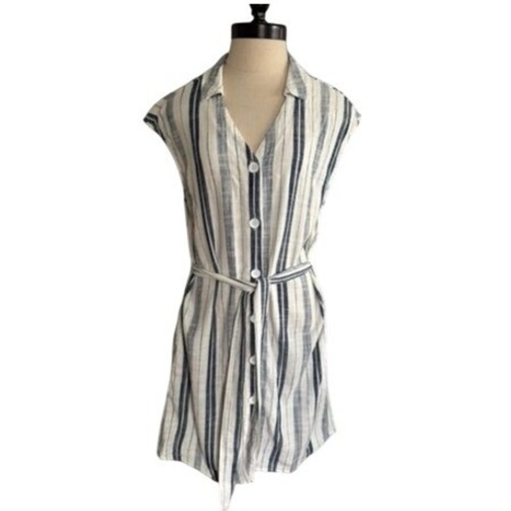 Bella Dahl Womens XS Navy Tan Striped Button Front Belted Shirt Dress B6425-801